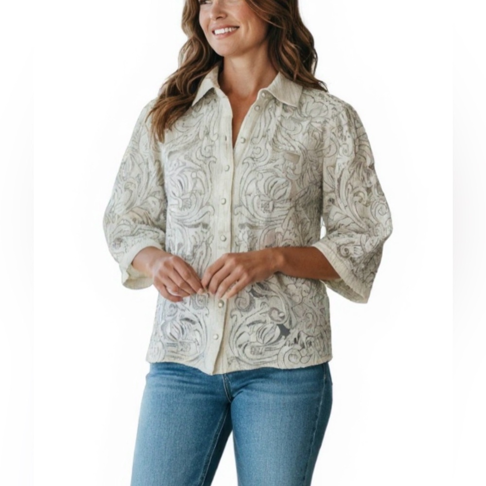 Letmebe Silver Embroidered Mesh Button Front Blouse Big Sleeves